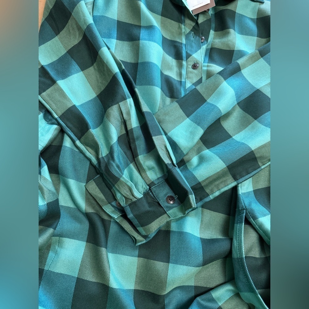 JJill NEW Green Plaid Women's long sleeved popover shirt dress with pockets - Picture 8 of 12